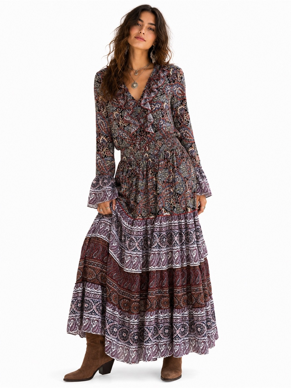 Boho Paisley Cascade Ruffle Tiered Maxi Dress Romantic Cottagecore Prairiecore